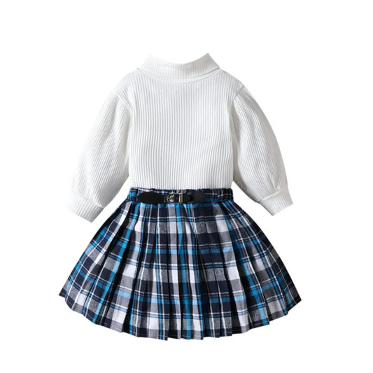 GIRL'S PLAID STRIPE LONG SLEEVE KNITWEAR SWEATER AND SHORT SKIRT SET