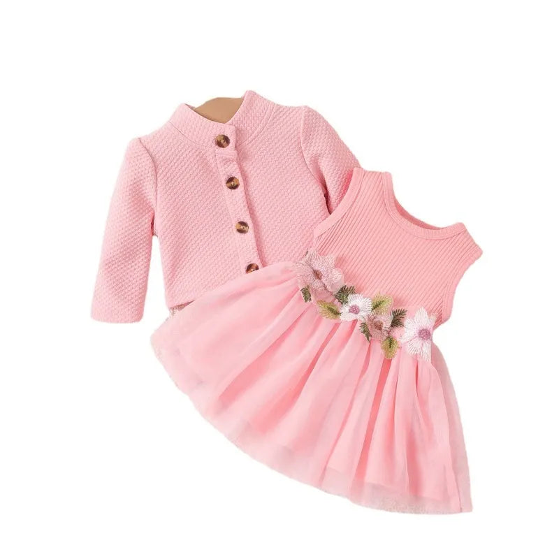 BABY GIRL'S STRIPE SLEEVELESS MESH FLORAL DRESS AND LONG SLEEVE COAT SET