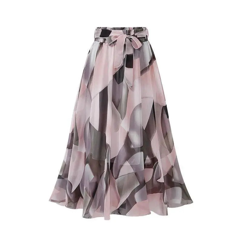 LADIES MID LENGTH HIGH WAIST FLORAL CHIFFON SKIRT