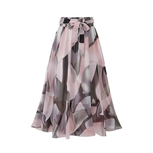 LADIES MID LENGTH HIGH WAIST FLORAL CHIFFON SKIRT