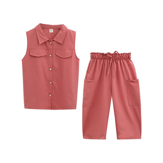 GIRL'S LAPEL SLEEVELESS TOP AND PANTS 2PCS SET