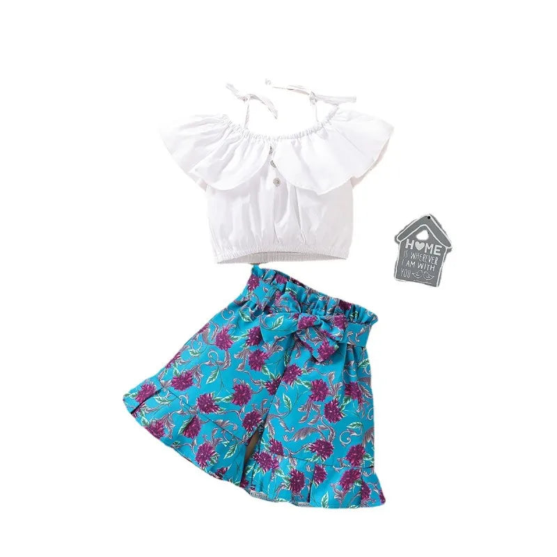 GIRL'S ONE SHOULDER TOP AND FLORAL SHORTS 2PCS SET