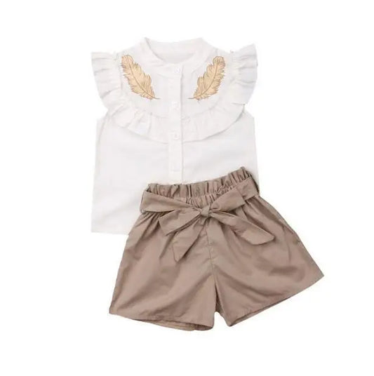 GIRL'S RUFFLE NECK SLEEVELESS TOP AND SHORTS 2PCS SET