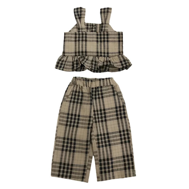 GIRL'S SLEEVELESS PLAID SUSPENDERS TOP AND PANTS 2PCS SET