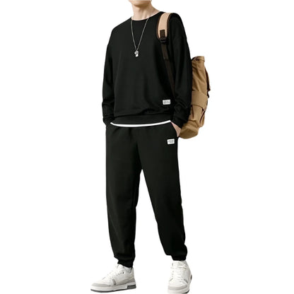 MEN'S WAFFLE LONG SLEEVE ROUND NECK SWEATSHIRT TROUSERS 2PCS SET