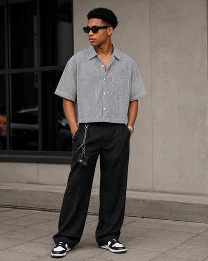 MEN'S CASUAL STRIPE LAPEL SHORT-SLEEVE LOOSE  SHIRT