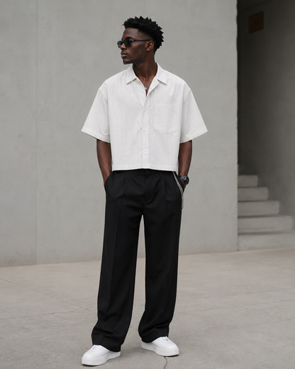 MEN'S CASUAL STRIPE LAPEL SHORT-SLEEVE LOOSE  SHIRT