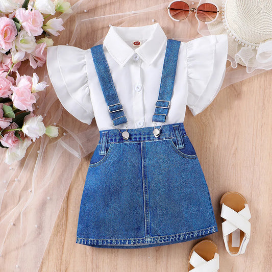 GIRL'S DENIM SKIRTS AND BLOUSE 2PCS SET