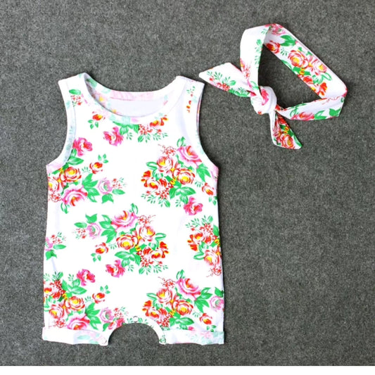 GIRL'S SLEEVELESS FLOWER ROMPER & HEADBAND 2PCS SET