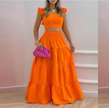 LADIES RUFFLED MID TANK TOP AND WAIST SKIRT 2PCS SET