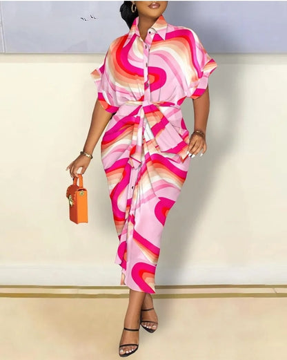 LADIES V-NECK BUTTON SKIRT DRESS