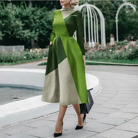LADIES BLOCKING LONG SLEEVE MIDI DRESS