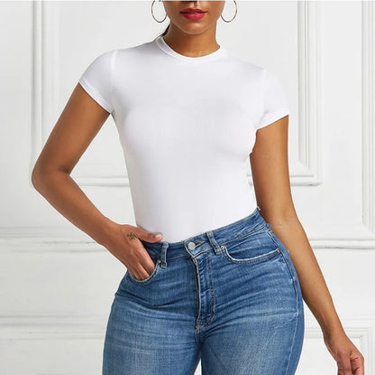 LADIES ROUND NECK SHORT SLEEVE BODYSUIT TOP